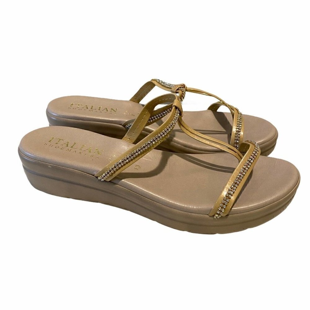 Italian Shoemakers T-Strap Sandals Beige Wedge 10